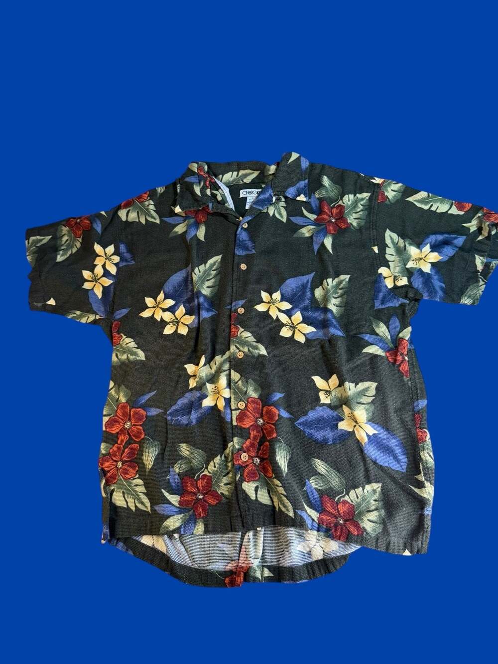 Cherokee Vintage Mens XL Floral Hawaiian Shirt Cotton Rayon Blend Black Tropical
